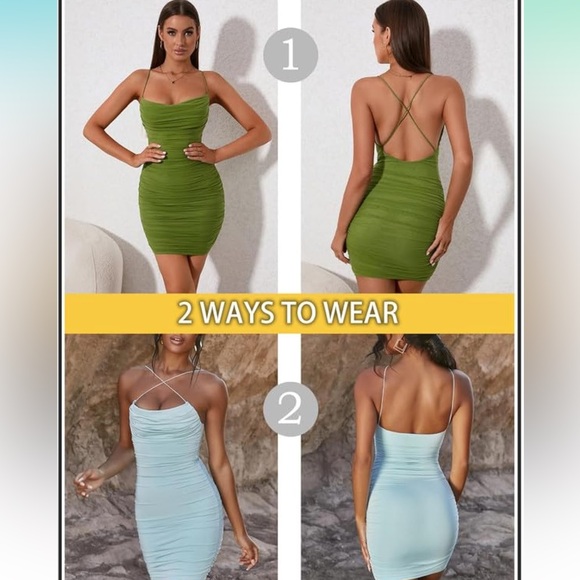 NWT Women's Ruched Bodycon Mini Dress Summer Spaghetti Strap Party Club Dresses - Picture 3 of 4